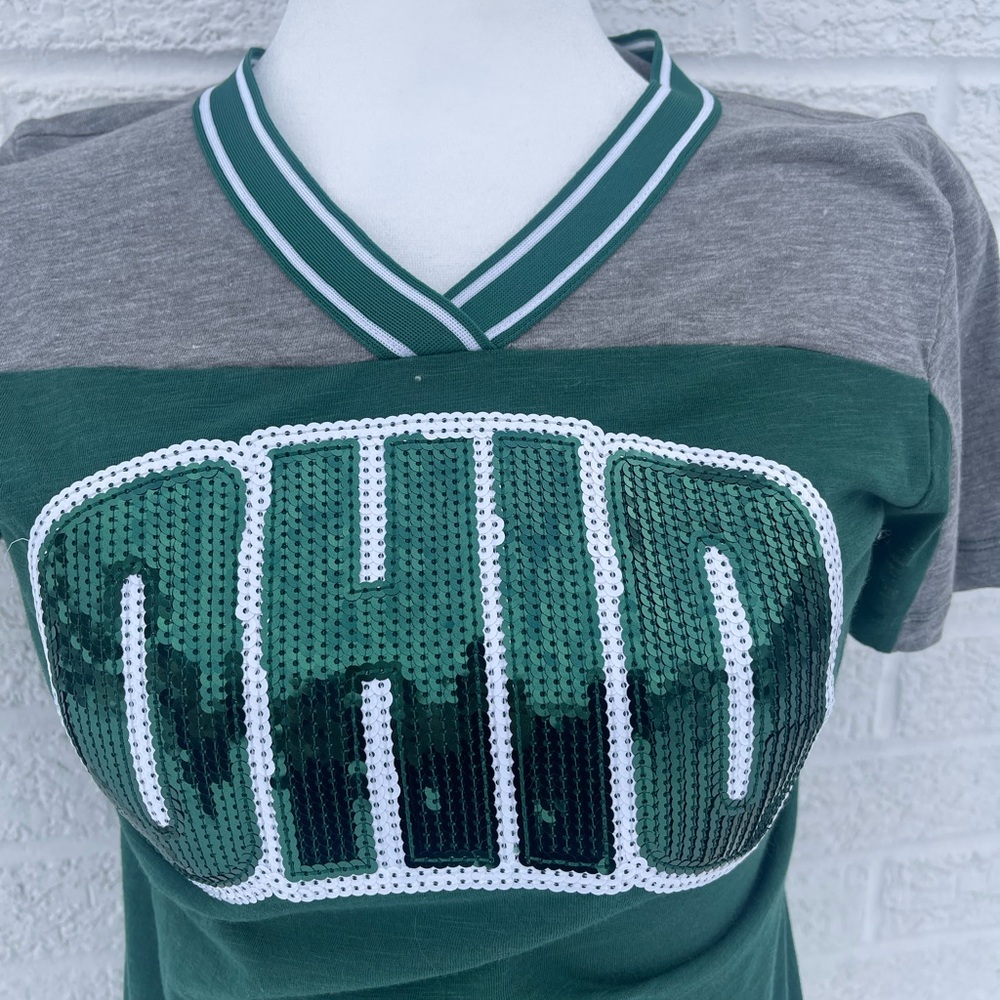 PINK Victoria's Secret Green and Gray Collegiate Tee